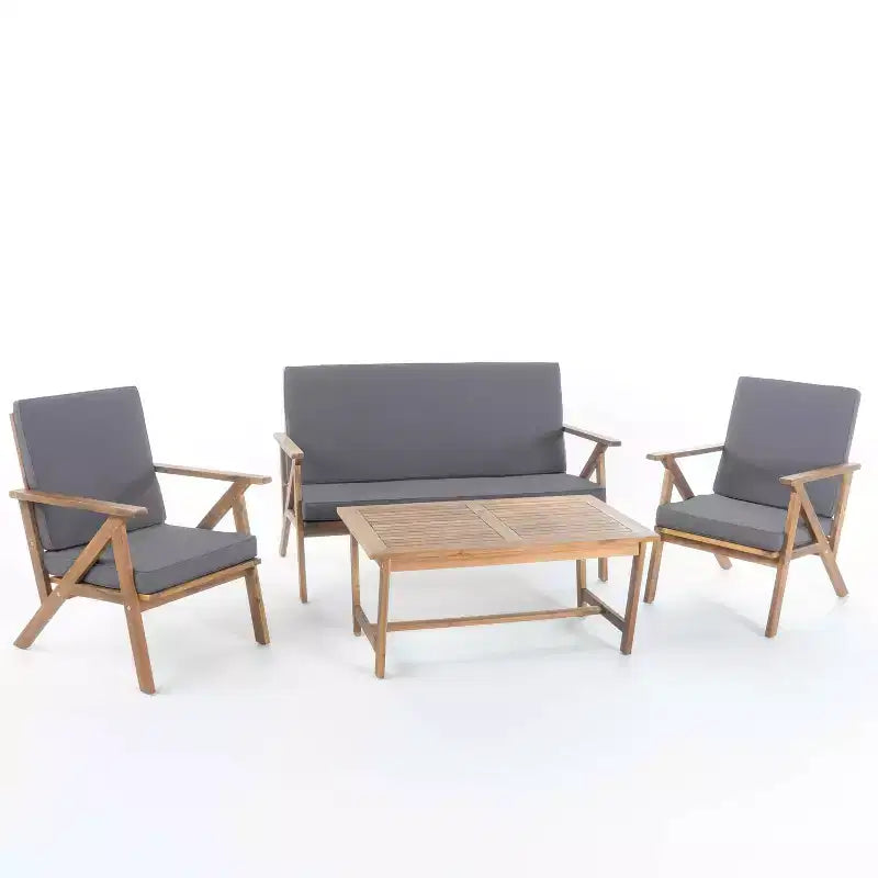 MAYEERTY Ensemble de conversation de patio 4 pièces en bois d'acacia, Coussins gris résistants à l'eau