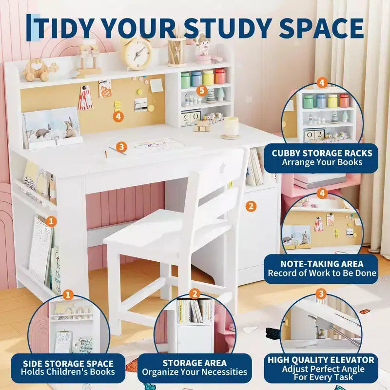 COZONY Bureau et chaise pour enfants avec rangement, plateau inclinable et casier, table d'écriture en bois pour les 3-9 ans, bureau réglable