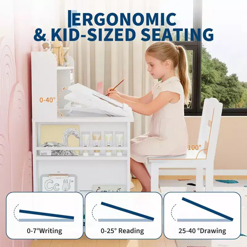 COZONY Bureau et chaise pour enfants avec rangement, plateau inclinable et casier, table d'écriture en bois pour les 3-9 ans, bureau réglable