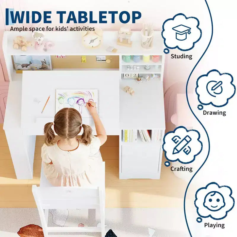 COZONY Bureau et chaise pour enfants avec rangement, plateau inclinable et casier, table d'écriture en bois pour les 3-9 ans, bureau réglable