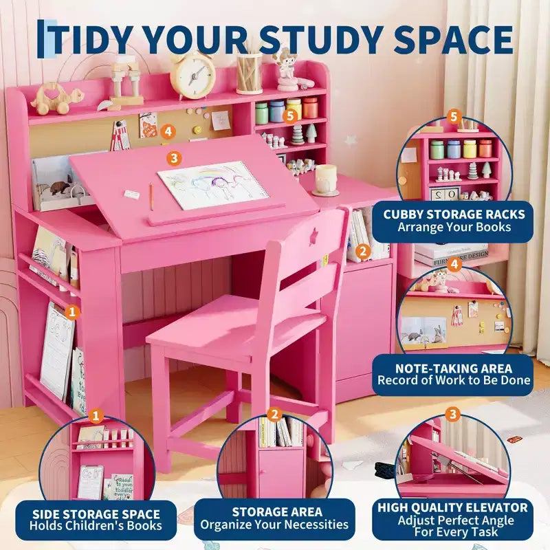 COZONY Bureau et chaise pour enfants avec rangement, plateau inclinable et casier, table d'écriture en bois pour les 3-9 ans, bureau réglable