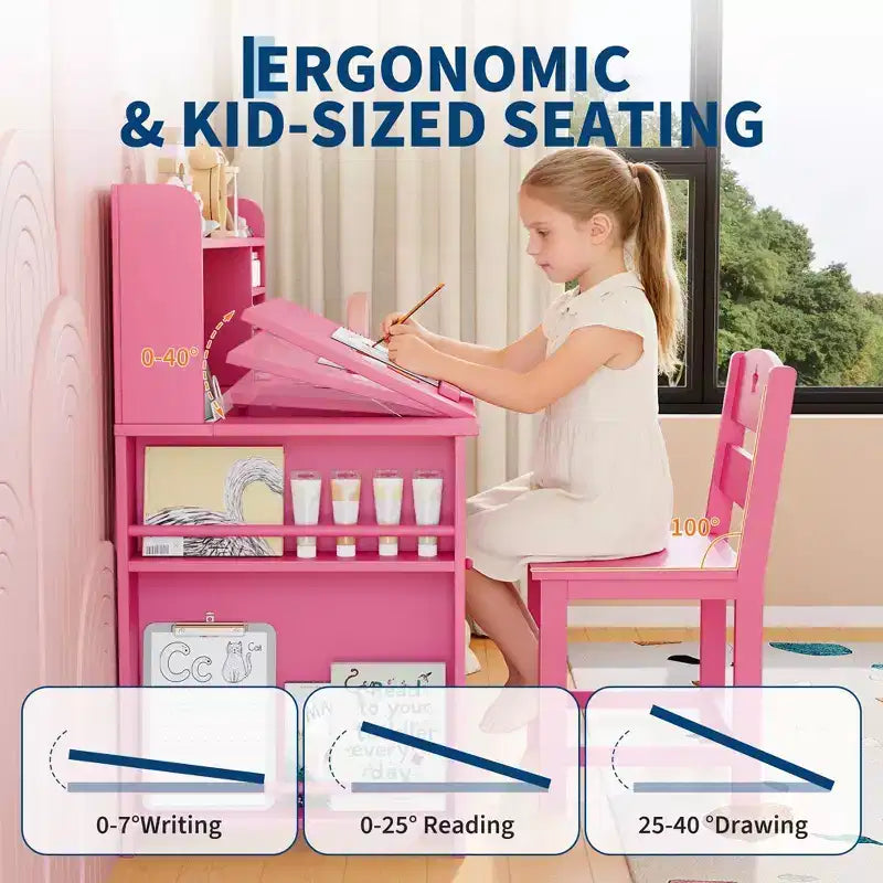 COZONY Bureau et chaise pour enfants avec rangement, plateau inclinable et casier, table d'écriture en bois pour les 3-9 ans, bureau réglable