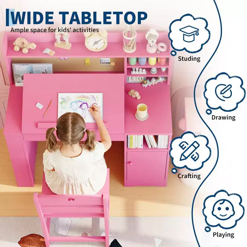 COZONY Bureau et chaise pour enfants avec rangement, plateau inclinable et casier, table d'écriture en bois pour les 3-9 ans, bureau réglable