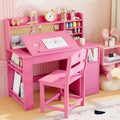 COZONY Kids Study Desk & Chair Set with Storage, Tiltable Desktop and Hutch, Wooden Student Writing Table for 3-9 Year Olds, Adjustable Desk