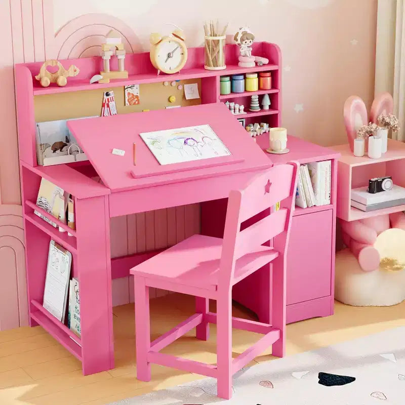 COZONY Kids Study Desk & Chair Set with Storage, Tiltable Desktop and Hutch, Wooden Student Writing Table for 3-9 Year Olds, Adjustable Desk