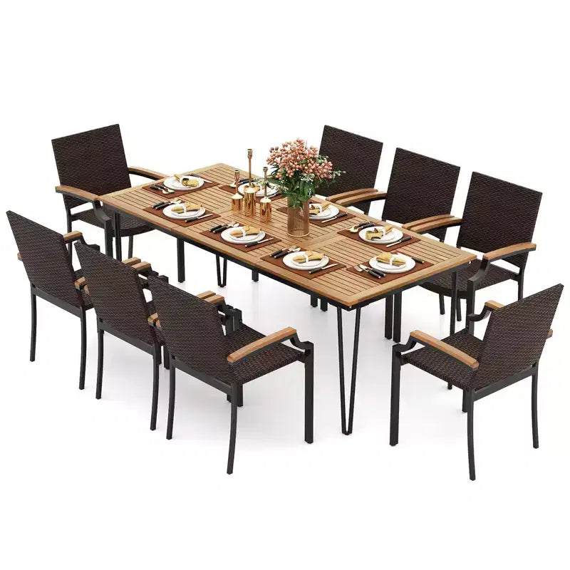 Ensemble de salle à manger d'extérieur 9 pièces Costway avec table à manger rectangulaire de 79 po et 8 chaises en rotin empilables