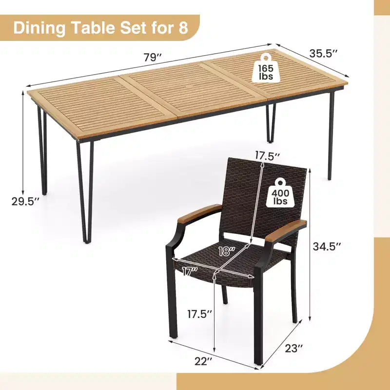 Ensemble de salle à manger d'extérieur 9 pièces Costway avec table à manger rectangulaire de 79 po et 8 chaises en rotin empilables