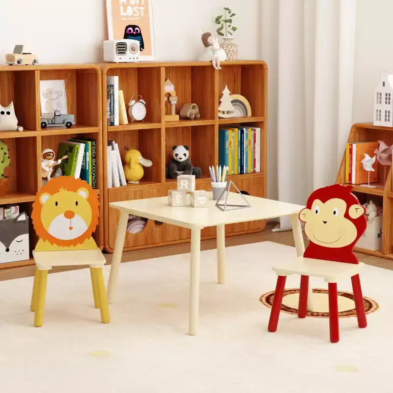 Kids Table and 2 Chairs Set, 3 Pieces Toddler Table and Chair Set, Wooden Activity Play Table Set (Lion&Monkey)