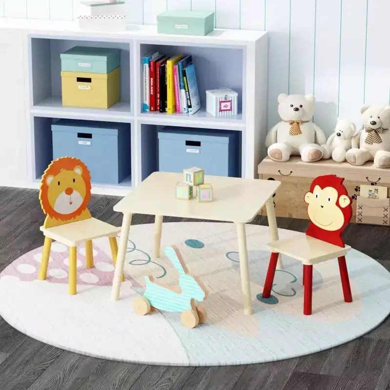 Ensemble table et 2 chaises pour enfants, ensemble table et chaise 3 pièces pour tout-petits, ensemble table de jeu d'activités en bois (Lion et Singe)
