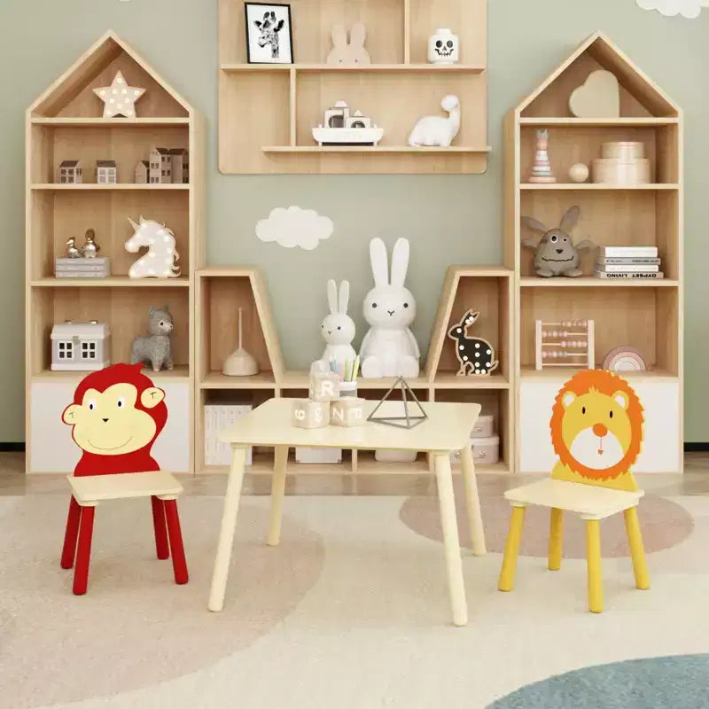 Ensemble table et 2 chaises pour enfants, ensemble table et chaise 3 pièces pour tout-petits, ensemble table de jeu d'activités en bois (Lion et Singe)