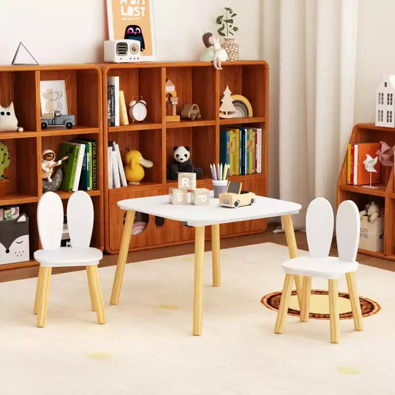 Ensemble table et 2 chaises pour enfants, ensemble table et chaises pour tout-petits 3 pièces sur le thème du lapin, ensemble table de jeu en bois pour enfants, pieds en bois massif (blanc)