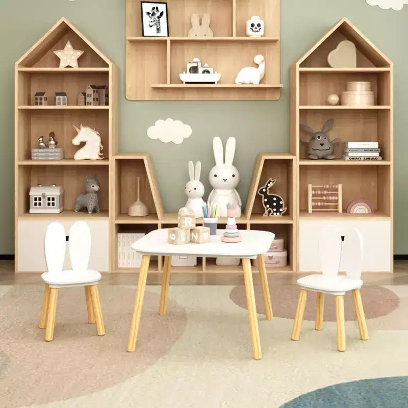 Ensemble table et 2 chaises pour enfants, ensemble table et chaises pour tout-petits 3 pièces sur le thème du lapin, ensemble table de jeu en bois pour enfants, pieds en bois massif (blanc)