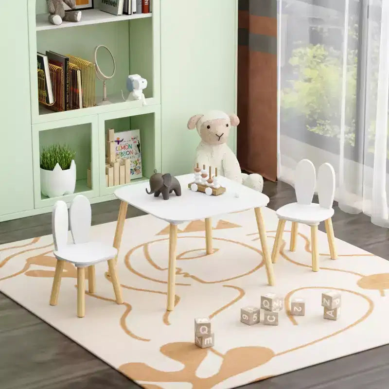 Ensemble table et 2 chaises pour enfants, ensemble table et chaises pour tout-petits 3 pièces sur le thème du lapin, ensemble table de jeu en bois pour enfants, pieds en bois massif (blanc)
