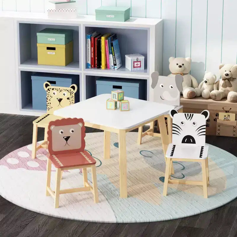 Ensemble table et 4 chaises en bois pour enfants, motif animaux de dessins animés (table plus grande) (3-8 ans)