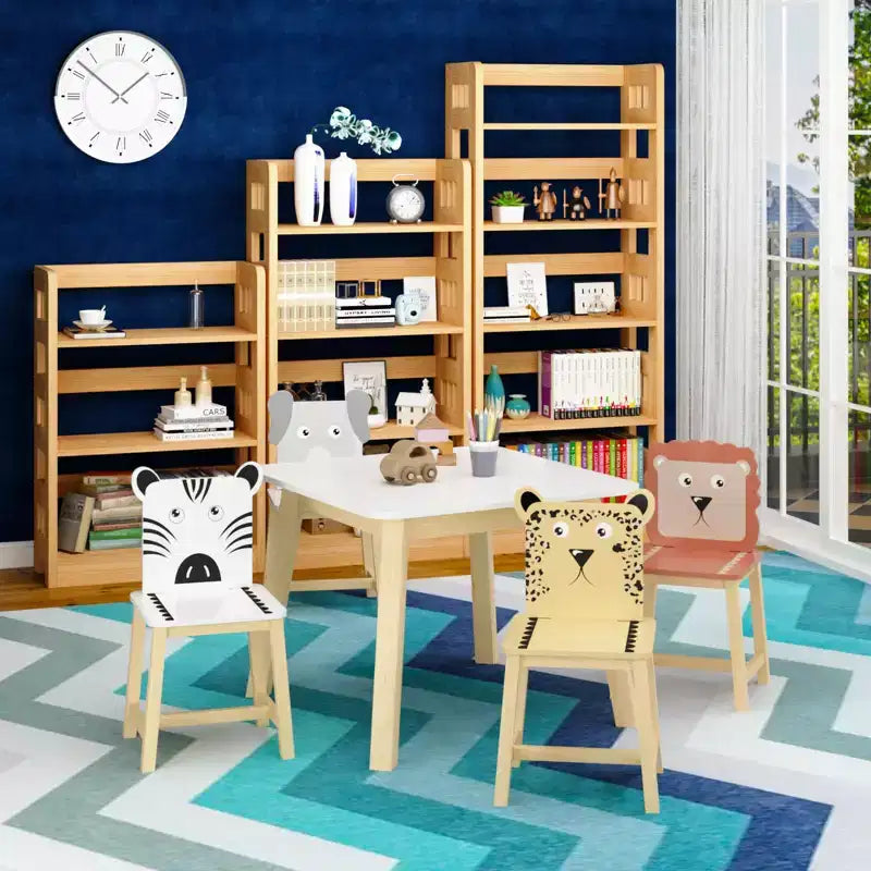 Ensemble table et 4 chaises en bois pour enfants, motif animaux de dessins animés (table plus grande) (3-8 ans)