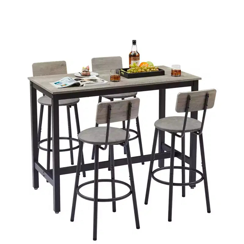 5 Piece Dining Table Set, Bar Table Set with 4 Upholstered Stools, Wooden Backrest, Ring-Shaped Footrest, for Living Room Study Dining Room