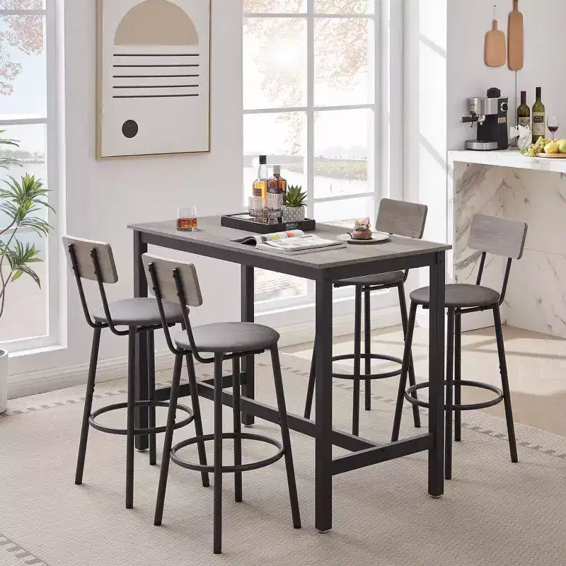 Ensemble de salle à manger 5 pièces, ensemble table de bar avec 4 tabourets rembourrés, dossier en bois, repose-pieds en forme d'anneau, pour salon, bureau, salle à manger