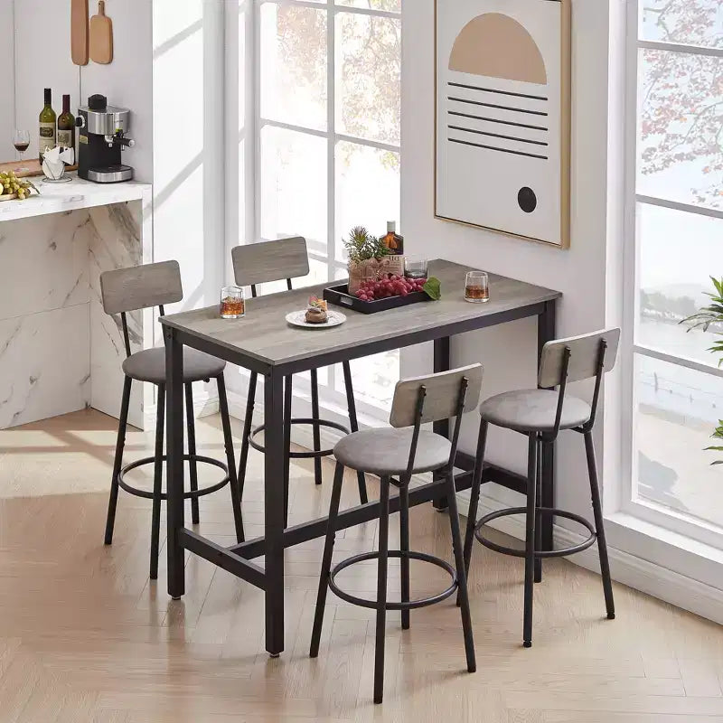 Ensemble de salle à manger 5 pièces, ensemble table de bar avec 4 tabourets rembourrés, dossier en bois, repose-pieds en forme d'anneau, pour salon, bureau, salle à manger