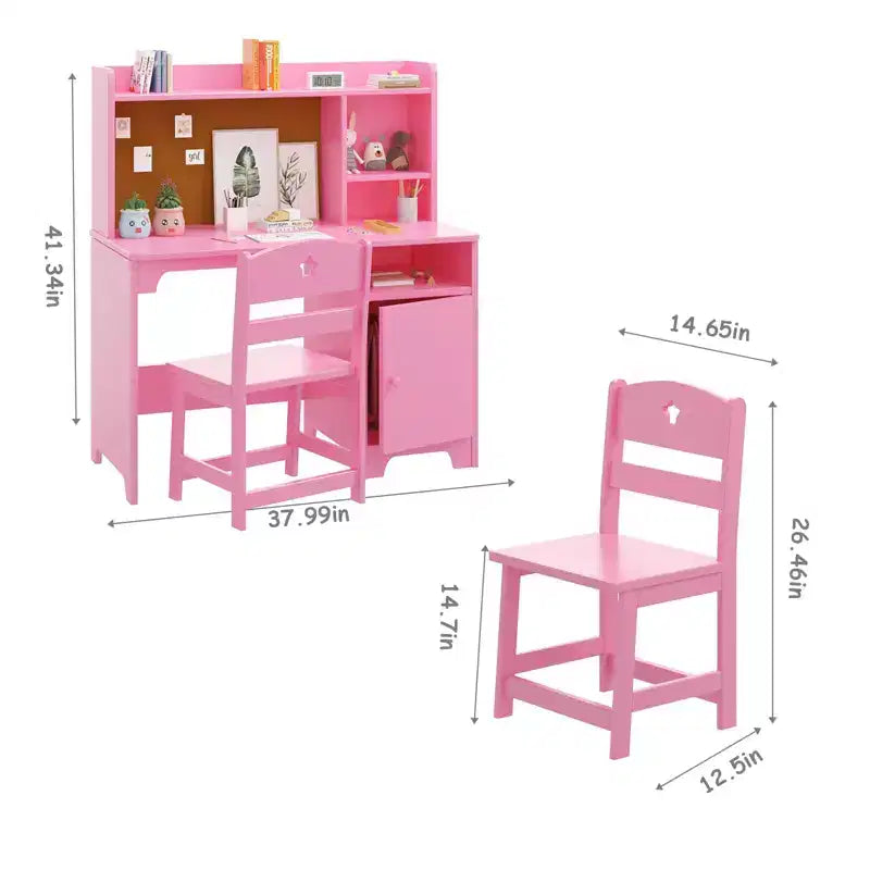 Ensemble bureau et chaise pour enfants, conception ergonomique en bois, comprend un organiseur d'étagère et un tableau en liège pour les enfants qui étudient, écrivent, dessinent