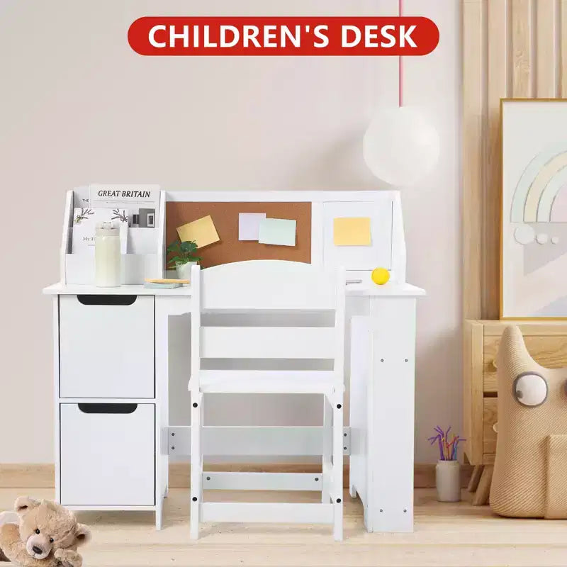 Ensemble bureau et chaise pour enfants Table d'étude en bois avec étagère de rangement et tableau d'affichage pour la maison/l'école