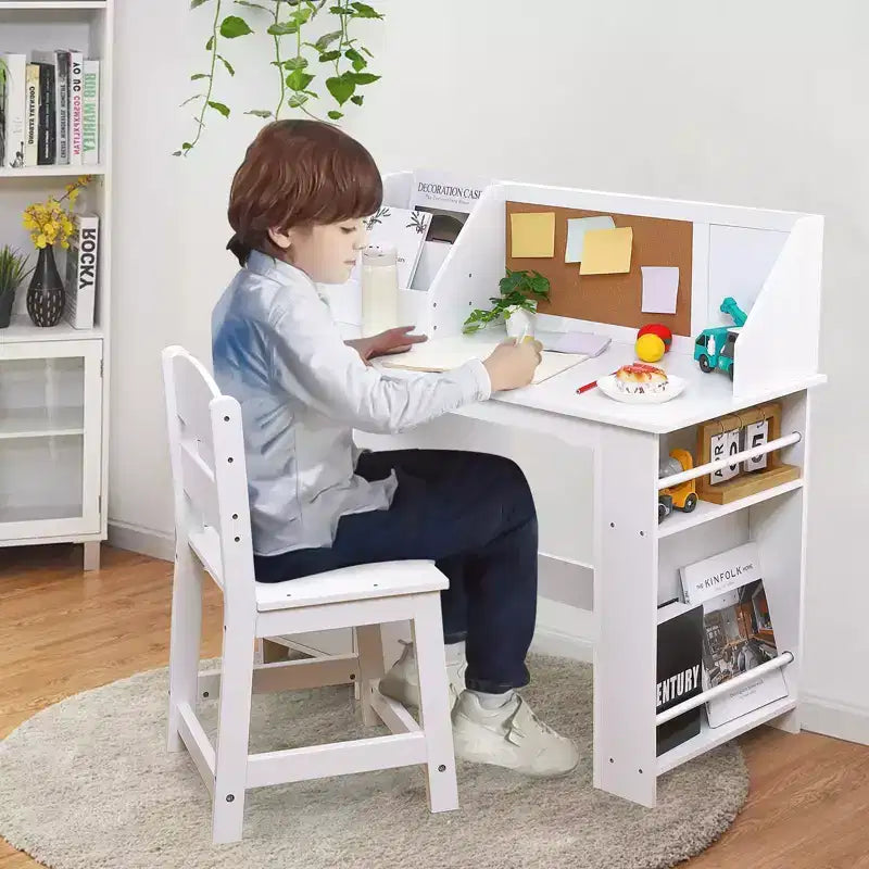Ensemble bureau et chaise pour enfants Table d'étude en bois avec étagère de rangement et tableau d'affichage pour la maison/l'école