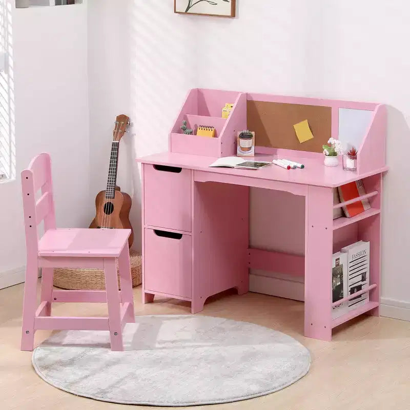 Ensemble bureau et chaise pour enfants Table d'étude en bois avec étagère de rangement et tableau d'affichage pour la maison/l'école