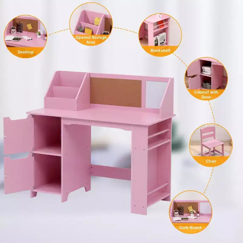 Ensemble bureau et chaise pour enfants Table d'étude en bois avec étagère de rangement et tableau d'affichage pour la maison/l'école