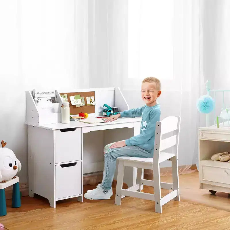 Ensemble bureau et chaise pour enfants Table d'étude en bois avec étagère de rangement et tableau d'affichage pour la maison/l'école