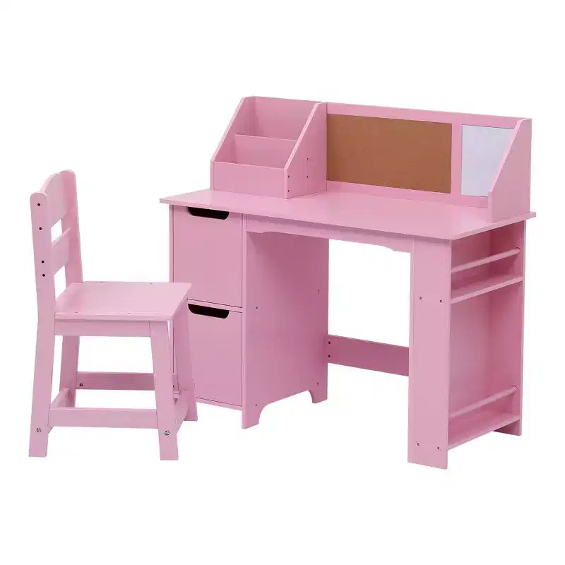 Kids Desk & Chair Set  Wooden Study Table with Storage Hutch & Bulletin Board for Home/School