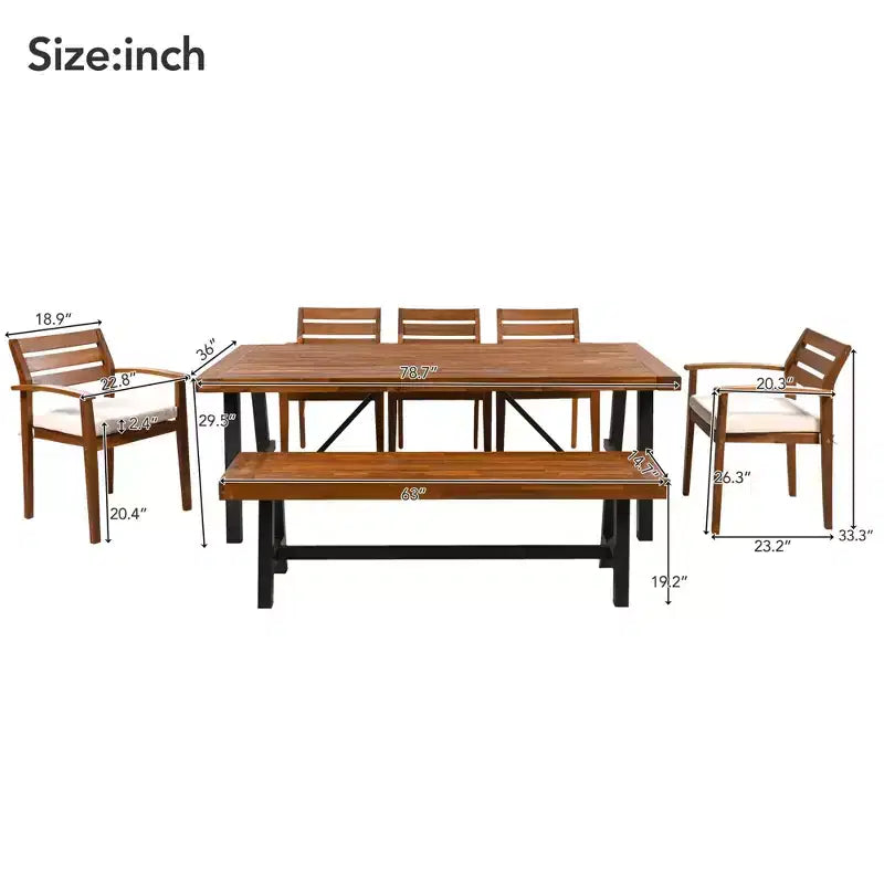 Ensemble de salle à manger d'extérieur 7 pièces GDFStudio Murray Modern Farmhouse en bois d'acacia avec table, banc et chaises rembourrées