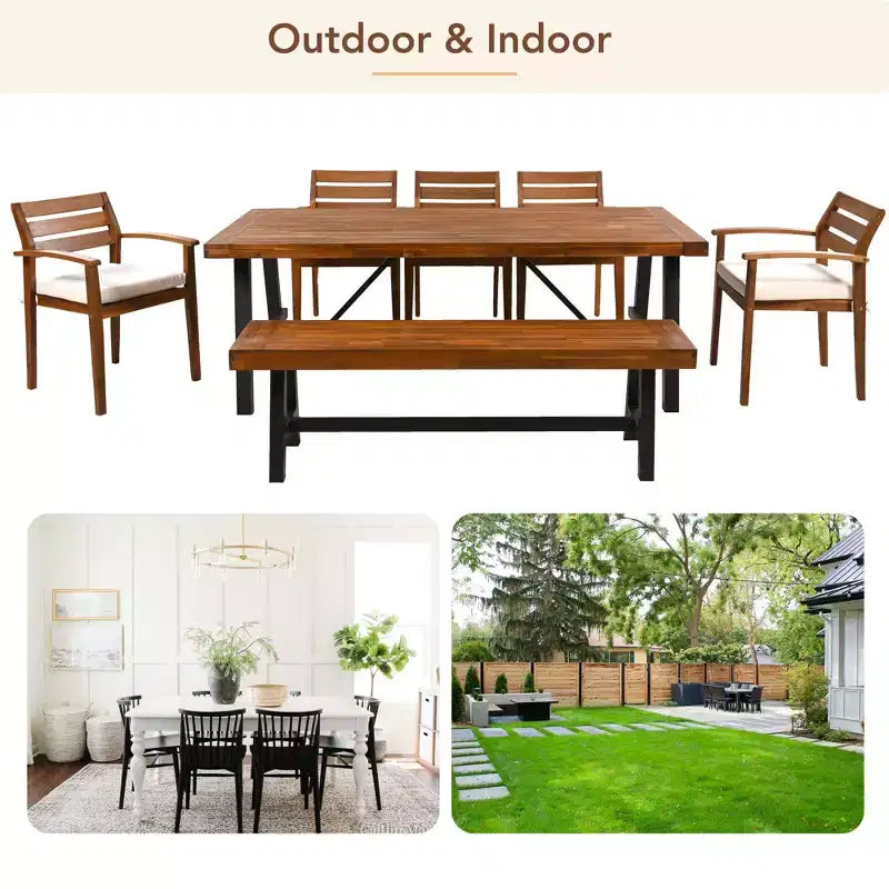 Ensemble de salle à manger d'extérieur 7 pièces GDFStudio Murray Modern Farmhouse en bois d'acacia avec table, banc et chaises rembourrées