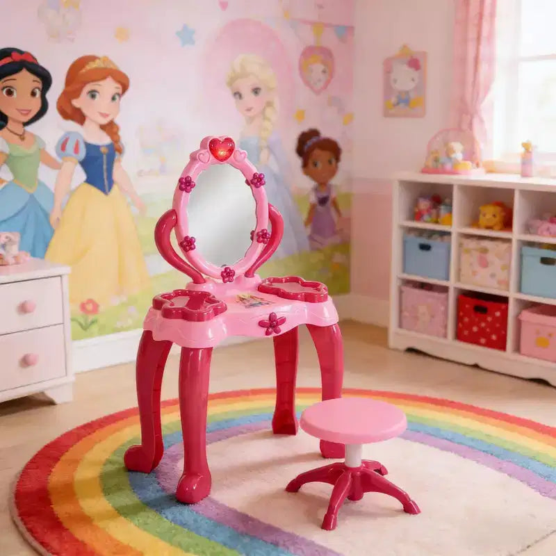 Etokfoks Kids Vanity Table with Stool Interactive Light Up Mirror and Sound 15 Accessories Pink Child Safe for Ages 3 to 6 17 in Wide