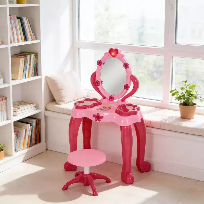 Table de toilette pour enfants Etokfoks avec tabouret, miroir interactif lumineux et sonore, 15 accessoires, rose, sans danger pour les enfants de 3 à 6 ans, 17 po de large