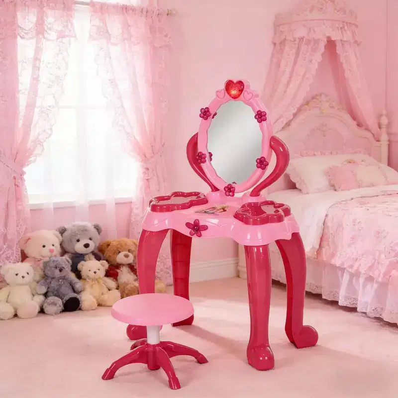 Table de toilette pour enfants Etokfoks avec tabouret, miroir interactif lumineux et sonore, 15 accessoires, rose, sans danger pour les enfants de 3 à 6 ans, 17 po de large