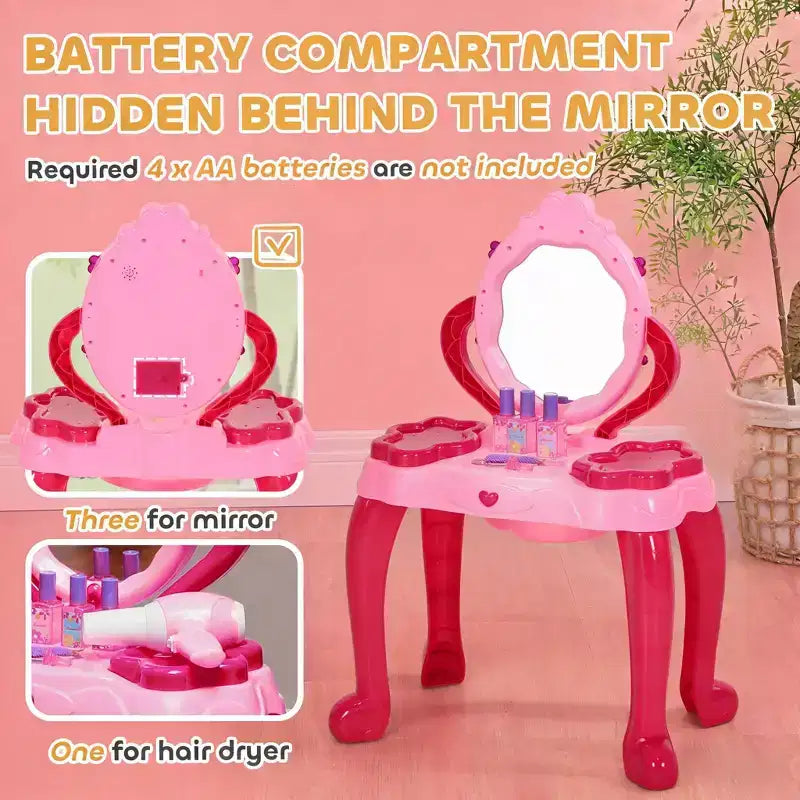 Table de toilette pour enfants Etokfoks avec tabouret, miroir interactif lumineux et sonore, 15 accessoires, rose, sans danger pour les enfants de 3 à 6 ans, 17 po de large