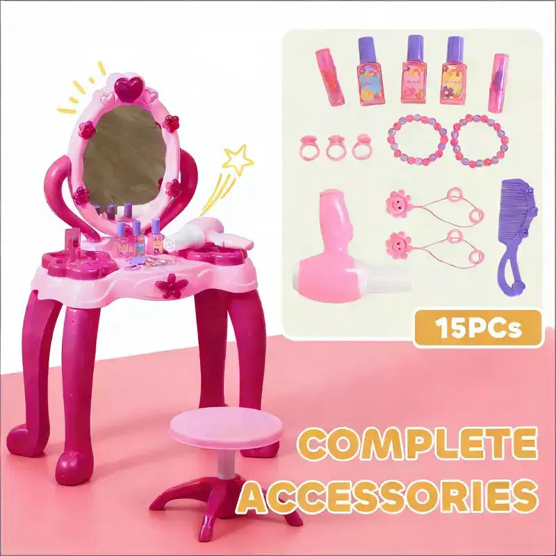 Table de toilette pour enfants Etokfoks avec tabouret, miroir interactif lumineux et sonore, 15 accessoires, rose, sans danger pour les enfants de 3 à 6 ans, 17 po de large