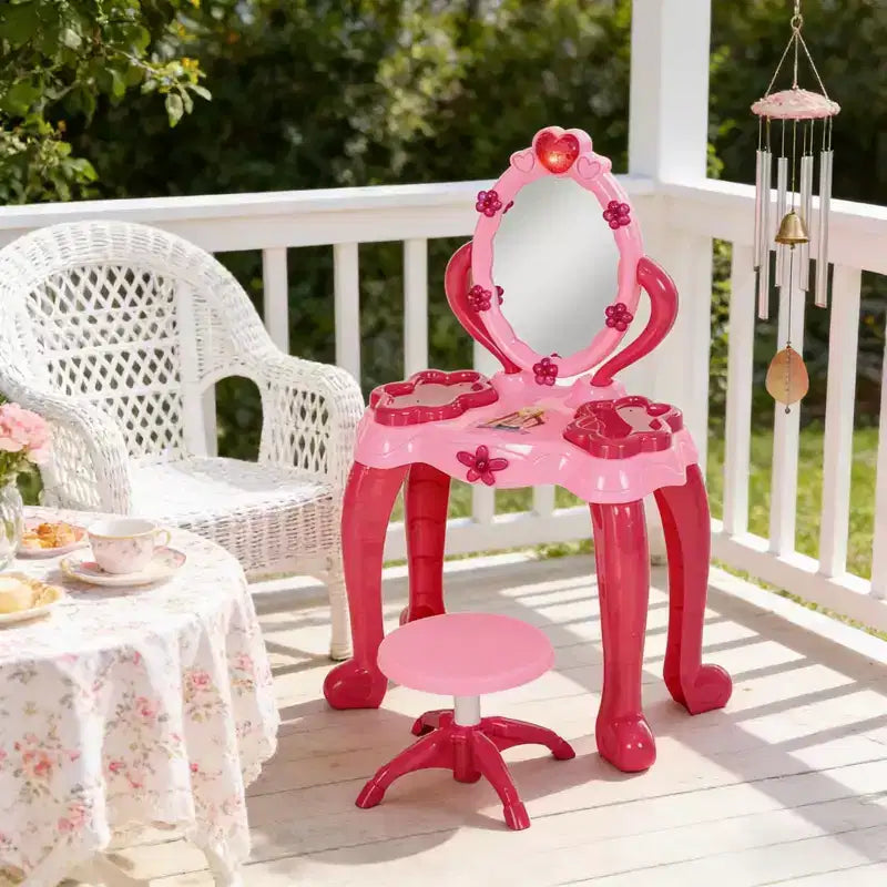 Table de toilette pour enfants Etokfoks avec tabouret, miroir interactif lumineux et sonore, 15 accessoires, rose, sans danger pour les enfants de 3 à 6 ans, 17 po de large
