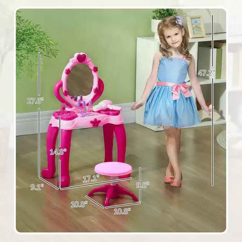 Table de toilette pour enfants Etokfoks avec tabouret, miroir interactif lumineux et sonore, 15 accessoires, rose, sans danger pour les enfants de 3 à 6 ans, 17 po de large