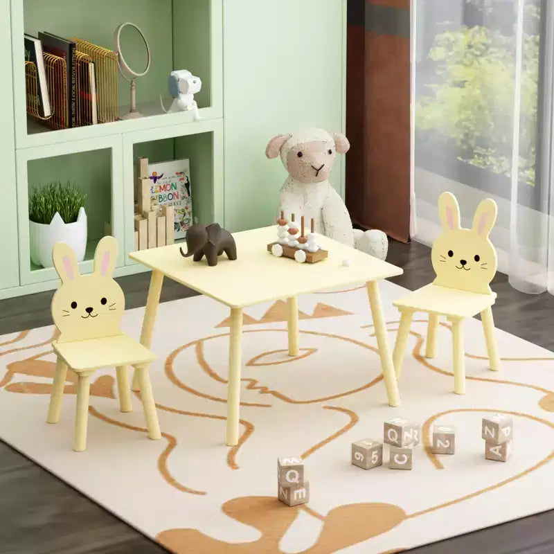 Etokfoks Kids Table and Chair Set with 2 Bunny Chairs Wooden Activity Table for Toddlers Animal Design for Playroom Bedroom Classroom Cream Yellow
