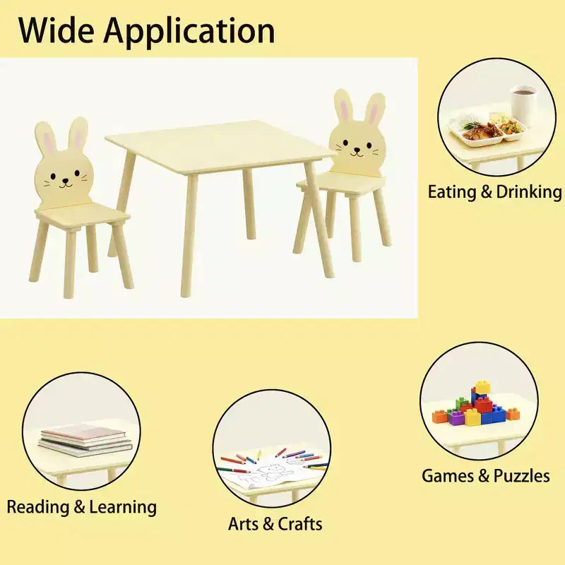 Ensemble Table et Chaises Etokfoks pour Enfants avec 2 Chaises Lapin Table d'Activité en Bois pour Tout-petits Design Animal pour Salle de Jeux Chambre Salle de Classe Crème Jaune