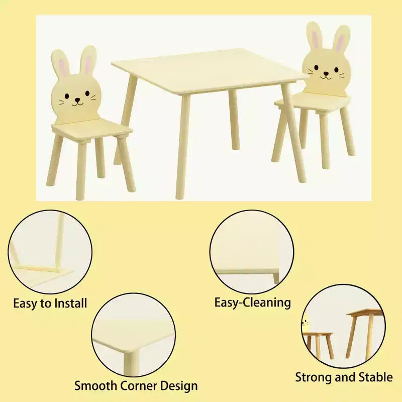 Ensemble Table et Chaises Etokfoks pour Enfants avec 2 Chaises Lapin Table d'Activité en Bois pour Tout-petits Design Animal pour Salle de Jeux Chambre Salle de Classe Crème Jaune