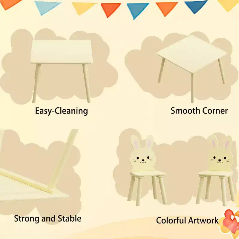 Ensemble Table et Chaises Etokfoks pour Enfants avec 2 Chaises Lapin Table d'Activité en Bois pour Tout-petits Design Animal pour Salle de Jeux Chambre Salle de Classe Crème Jaune