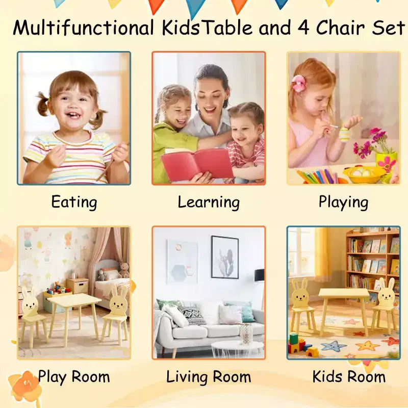Ensemble Table et Chaises Etokfoks pour Enfants avec 2 Chaises Lapin Table d'Activité en Bois pour Tout-petits Design Animal pour Salle de Jeux Chambre Salle de Classe Crème Jaune