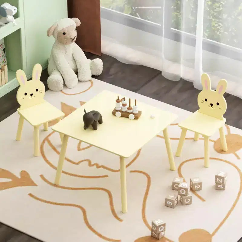 Ensemble Table et Chaises Etokfoks pour Enfants avec 2 Chaises Lapin Table d'Activité en Bois pour Tout-petits Design Animal pour Salle de Jeux Chambre Salle de Classe Crème Jaune