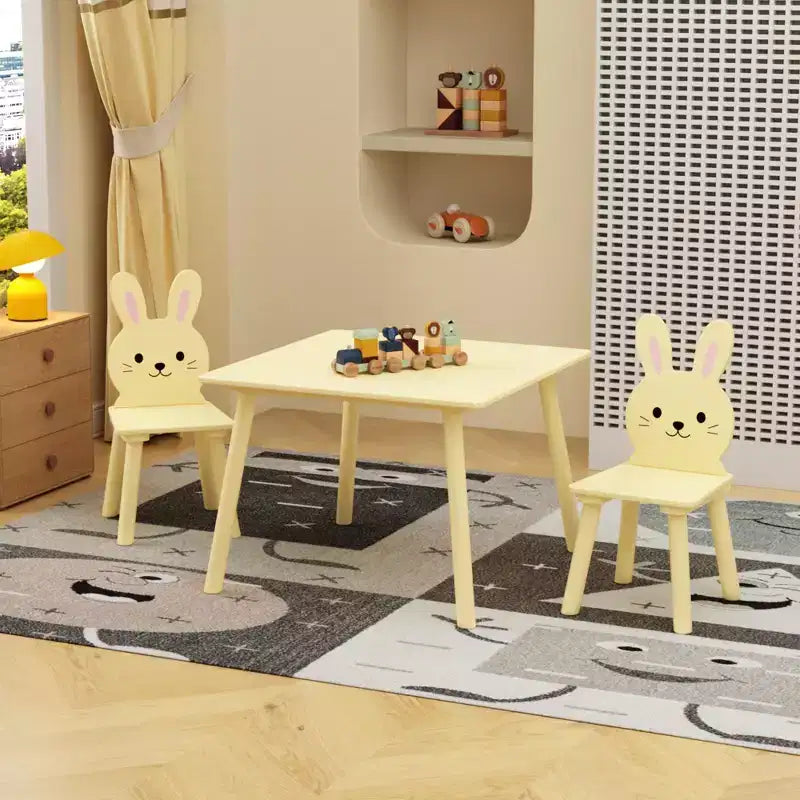 Ensemble Table et Chaises Etokfoks pour Enfants avec 2 Chaises Lapin Table d'Activité en Bois pour Tout-petits Design Animal pour Salle de Jeux Chambre Salle de Classe Crème Jaune