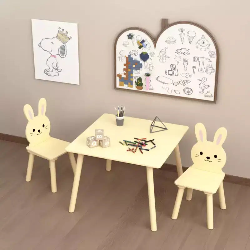 Ensemble Table et Chaises Etokfoks pour Enfants avec 2 Chaises Lapin Table d'Activité en Bois pour Tout-petits Design Animal pour Salle de Jeux Chambre Salle de Classe Crème Jaune