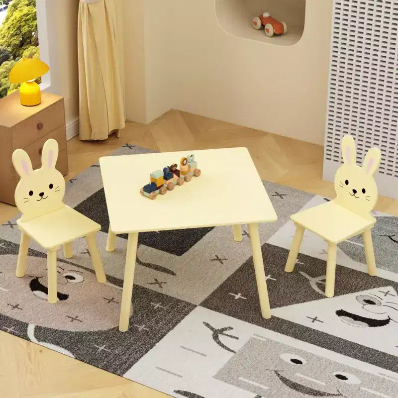 Ensemble Table et Chaises Etokfoks pour Enfants avec 2 Chaises Lapin Table d'Activité en Bois pour Tout-petits Design Animal pour Salle de Jeux Chambre Salle de Classe Crème Jaune