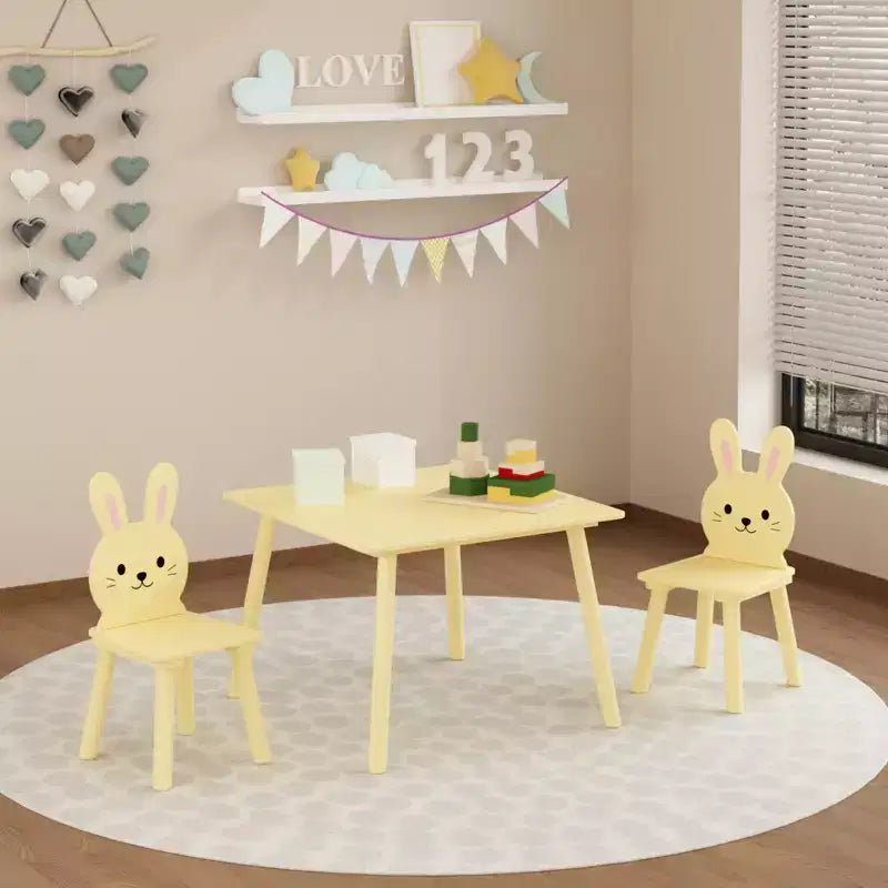 Ensemble Table et Chaises Etokfoks pour Enfants avec 2 Chaises Lapin Table d'Activité en Bois pour Tout-petits Design Animal pour Salle de Jeux Chambre Salle de Classe Crème Jaune