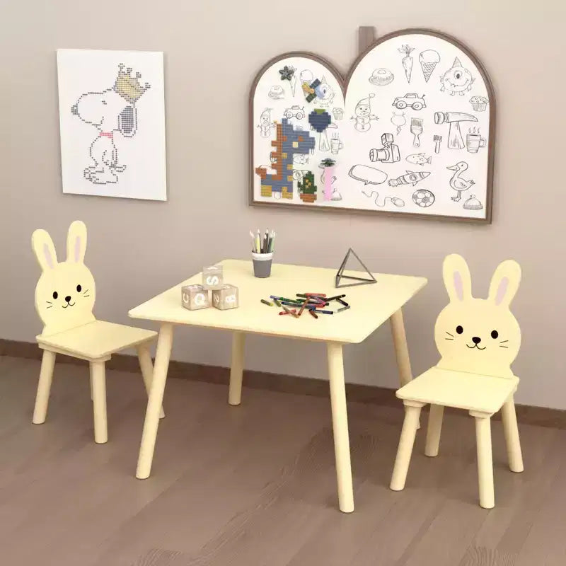 Ensemble Table et Chaises Etokfoks pour Enfants avec 2 Chaises Lapin Table d'Activité en Bois pour Tout-petits Design Animal pour Salle de Jeux Chambre Salle de Classe Crème Jaune