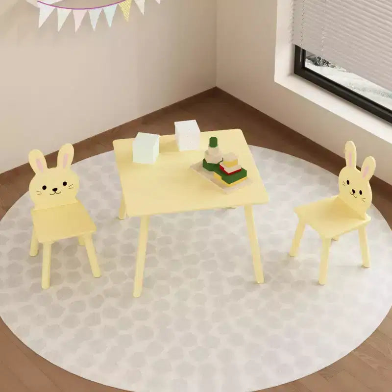 Ensemble Table et Chaises Etokfoks pour Enfants avec 2 Chaises Lapin Table d'Activité en Bois pour Tout-petits Design Animal pour Salle de Jeux Chambre Salle de Classe Crème Jaune